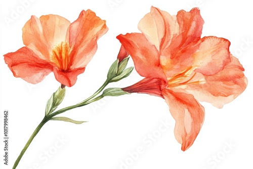 Fototapeta Naklejka Na Ścianę i Meble -  Watercolor painting of vibrant orange flowers with green stems