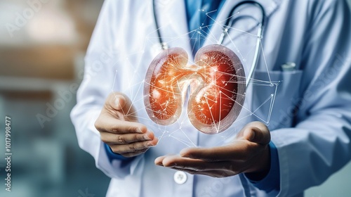 doctor in a white coat holding kidney organ, chronic kidney disease, renal failure, dialysis, Health checkup concept.