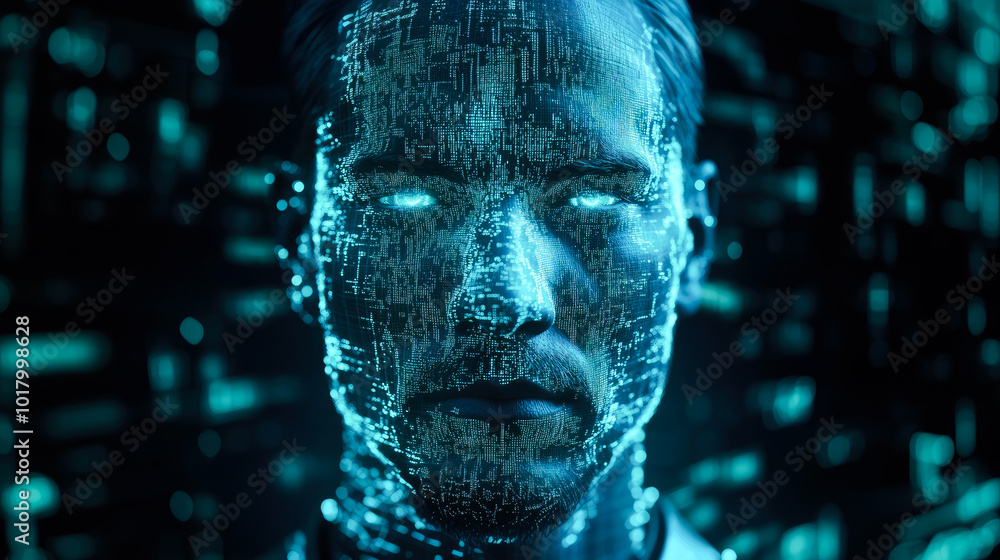 A blue cybernetic face blends with a digital matrix, presenting a high-tech visual exploring human-technology fusion. A blue cybernetic face blends with a digital matrix, presenting a high-tech visual exploring human-technology fusion.