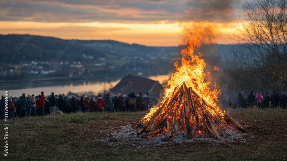 Fototapeta premium A large bonfire burns brightly against a stunning sunset backdrop as a crowd gathers to watch.