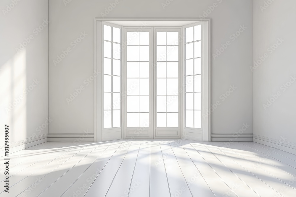 Bright spacious room with large windows white interior Bright spacious room with large windows white interior