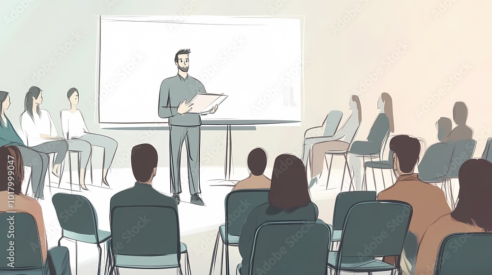 A male presenter engages an audience during a workshop in a bright, modern setting. A male presenter engages an audience during a workshop in a bright, modern setting.