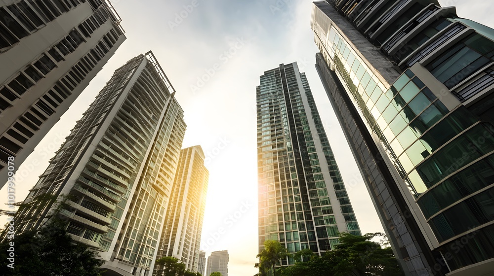 Obraz premium Tall buildings reach for the sky as the sun shines brightly overhead.
