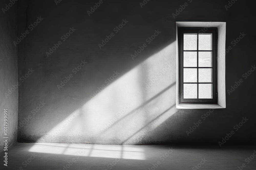 Obraz premium Sunlight casting shadows solitary window in minimalist room