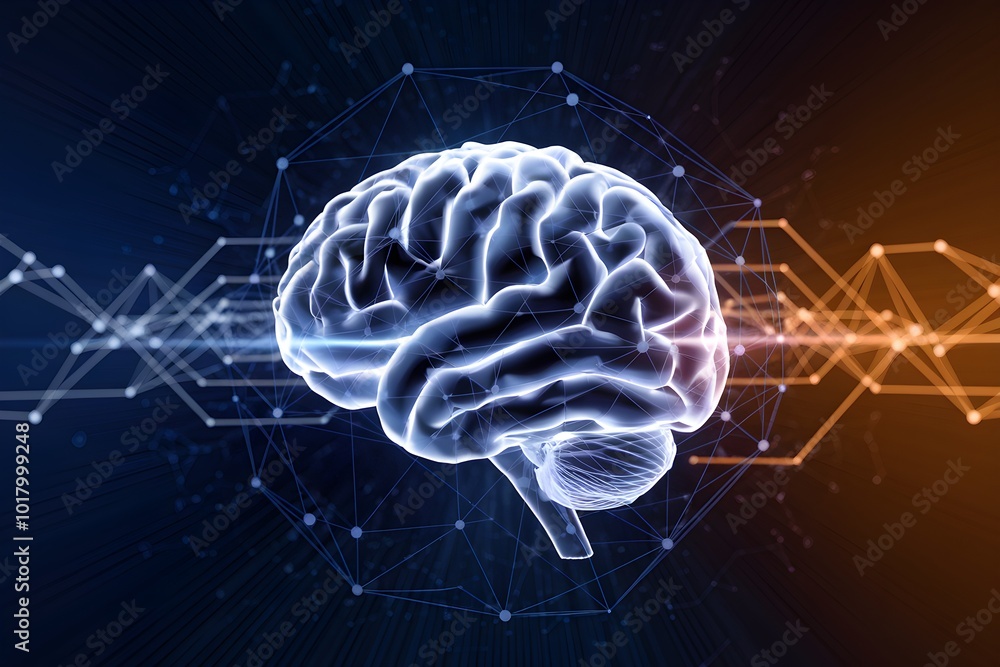 3D brain surrounded by digital nodes and lines, neural network suggested. 3D brain surrounded by digital nodes and lines, neural network suggested.