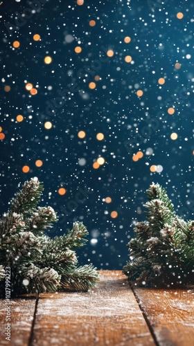 Magical winter night with snowy pine branches festive lights