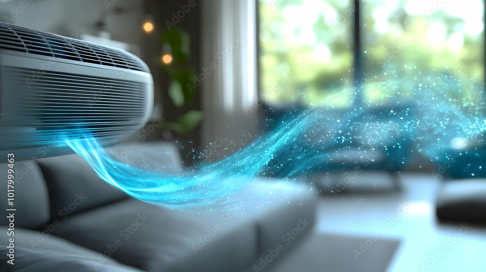 Air conditioning unit emitting cool air in a modern living space. Air conditioning unit emitting cool air in a modern living space.