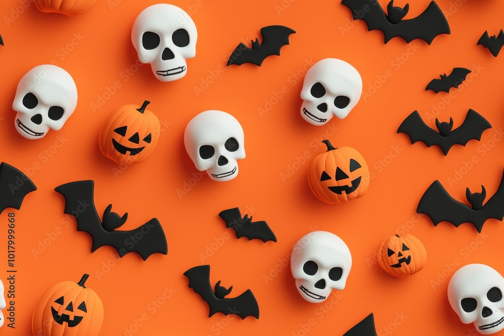 A festive Halloween scene featuring smiling skulls, playful pumpkins, and bats on a vibrant orange background. A festive Halloween scene featuring smiling skulls, playful pumpkins, and bats on a vibrant orange background.