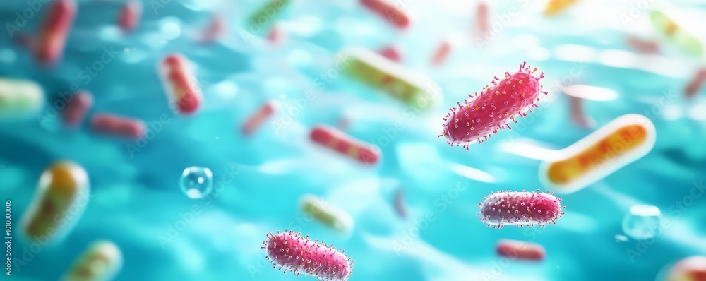 Microscopic view of bacteria in public pools, infection risk, 3D illustration Microscopic view of bacteria in public pools, infection risk, 3D illustration