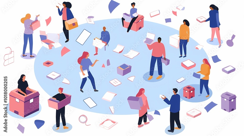 Diverse group of people organizing scattered documents in a colorful, creative space. Diverse group of people organizing scattered documents in a colorful, creative space.