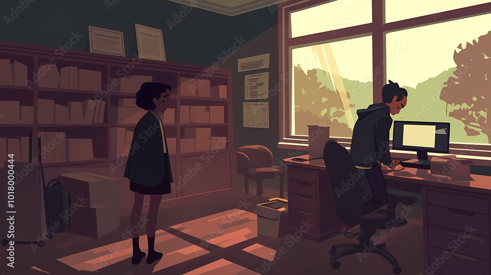 A woman stands in a library observing another at a desk, illuminated by sunlight. A woman stands in a library observing another at a desk, illuminated by sunlight.