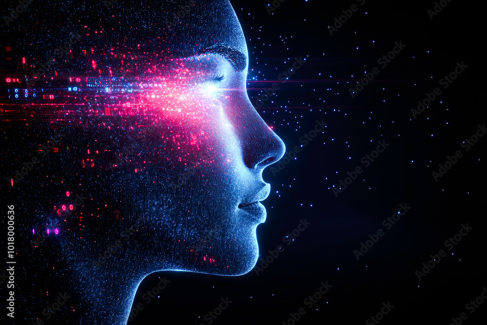 A side view of a face emanating digital light patterns, featuring the blend of technology and abstract artistic visual elements. A side view of a face emanating digital light patterns, featuring the blend of technology and abstract artistic visual elements.
