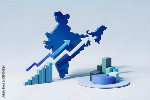 Blue map of India with bar and pie charts, rising arrow symbolizing growth.