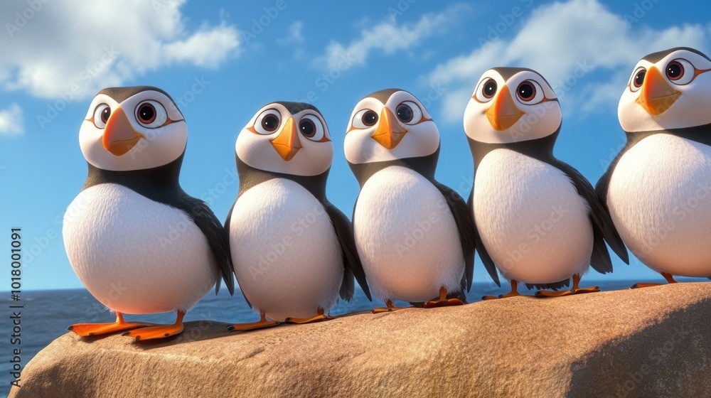 Five animated penguins standing on a rock by the ocean, showcasing a playful scene. Five animated penguins standing on a rock by the ocean, showcasing a playful scene.