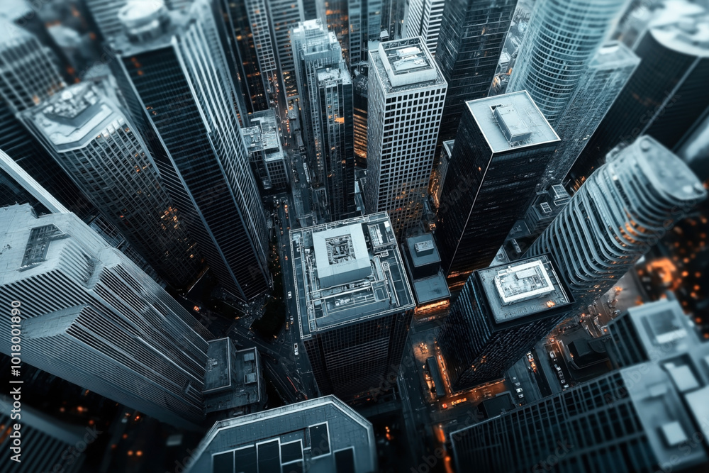Φωτογραφία Aerial view of densely packed skyscrapers in a modern urban cityscape with illuminated streets at dusk