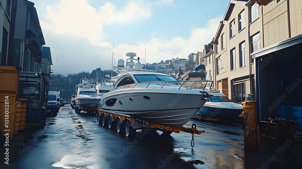 Naklejka premium Boats on trailers in a harbor with buildings in the background.