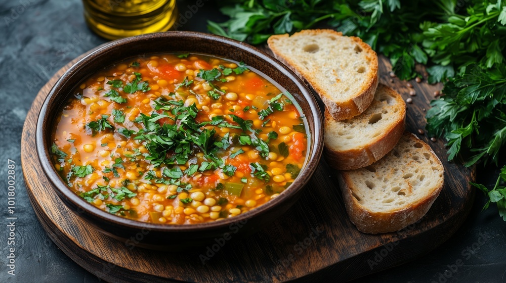 A bowl of warm, comforting lentil soup with fresh herbs and slices of bread on the side, on an old wooden table, illuminated by natural light from above A bowl of warm, comforting lentil soup with fresh herbs and slices of bread on the side, on an old wooden table, illuminated by natural light from above