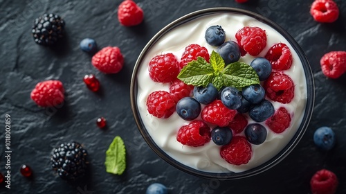 A bowl of Greek yogurt with fresh berries and mint