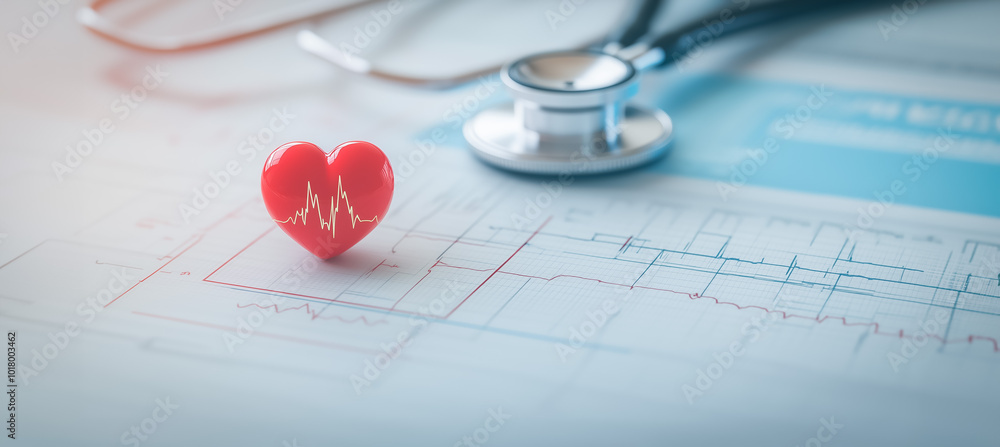 Medical concept with a red plastic heart next to a stethoscope on a paper ECG printout, symbolizing heart health and care. Medical concept with a red plastic heart next to a stethoscope on a paper ECG printout, symbolizing heart health and care.