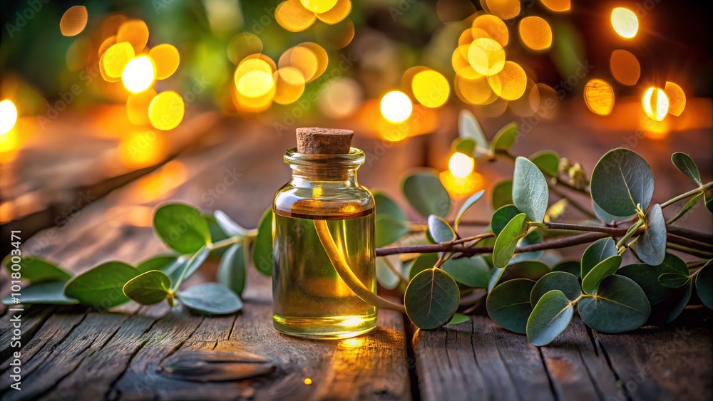 The glass bottle of eucalyptus essential oil rests on a rustic wooden table, surrounded by a soft, blurred green backdrop that evokes a sense of The glass bottle of eucalyptus essential oil rests on a rustic wooden table, surrounded by a soft, blurred green backdrop that evokes a sense of