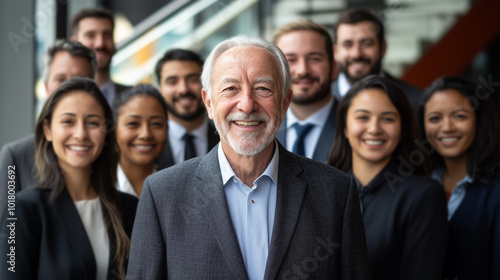 A group of business people smiling and standing together, with diversity in age and gender.