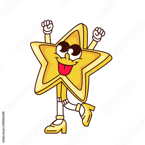 Groovy gold star cartoon character with tongue hanging out. Funny retro happy golden award for winner of game, quiz. Success mascot, cartoon ranking star sticker of 70s 80s style vector illustration
