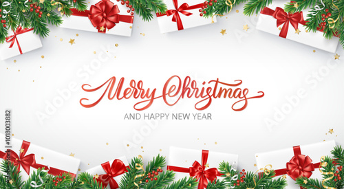 Christmas banner with presents and fir-tree branches. Merry Christmas calligraphy. Holiday decoration with gift boxes on white background. For New year banners, gift certificates, social media.