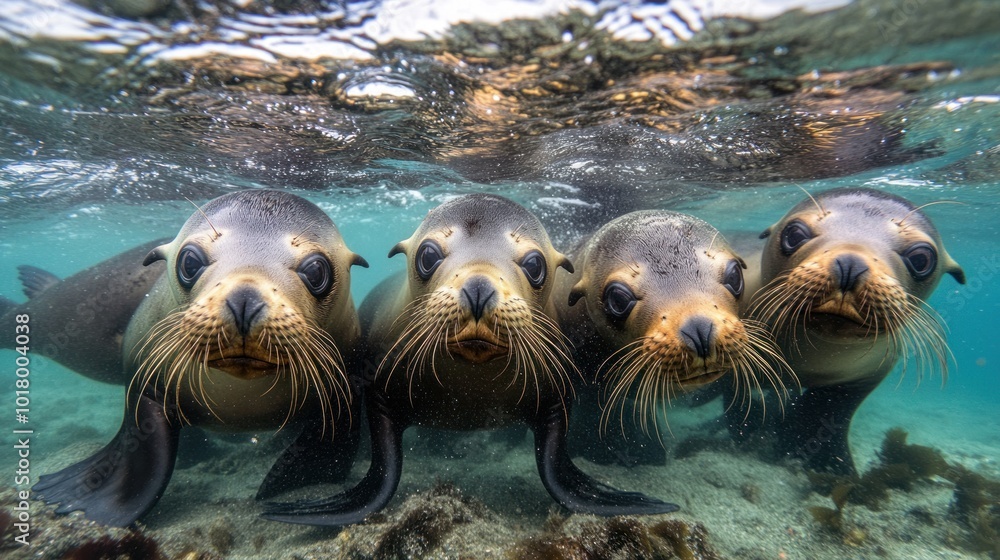 Fototapeta premium A group of playful sea lions underwater, showcasing their friendly expressions.