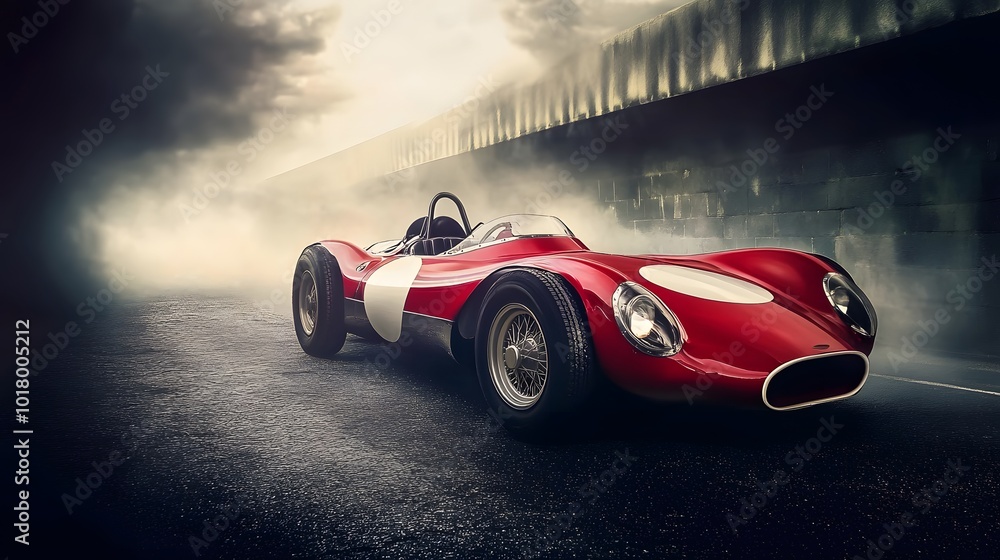 Fototapeta premium A classic red race car emerges from a cloud of smoke.