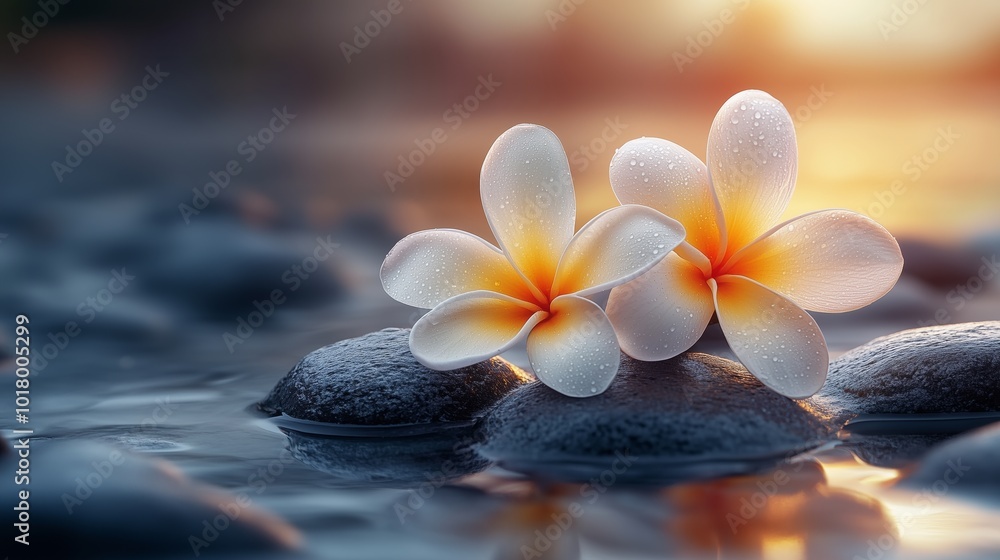 A serene spa setting with soft lighting, featuring two frangipani flowers resting on smooth stones, symbolizing tranquility and natural beauty A serene spa setting with soft lighting, featuring two frangipani flowers resting on smooth stones, symbolizing tranquility and natural beauty