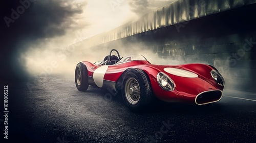 A classic red race car emerges from a cloud of smoke.