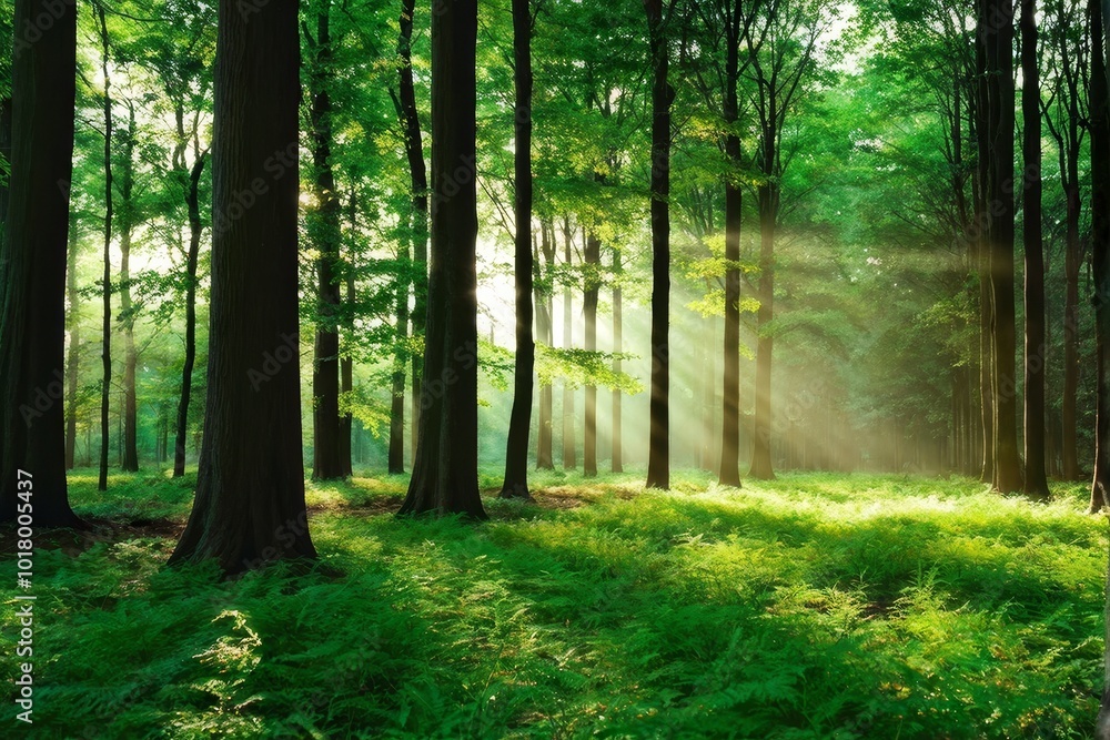 Naklejka premium Sunlight Streaming Through Forest Trees and Lush Ferns