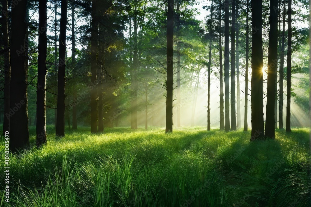 Obraz premium Sunlight Streaming Through Forest Trees and Lush Ferns