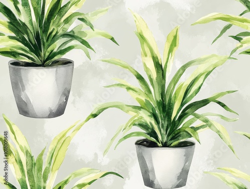 Seamless pattern of green houseplants in decorative pots with a soft watercolor background. photo