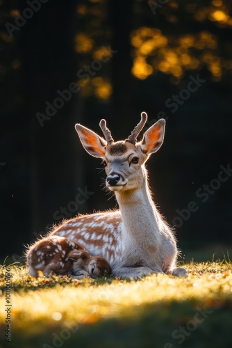 A young deer resting peacefully in a sunlit forest.