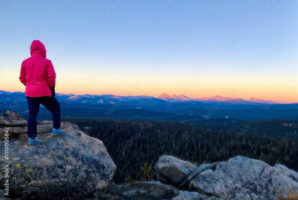Naklejka premium Woman Hiker Standing on Mountain Peak Overlooking Scenic Landscape