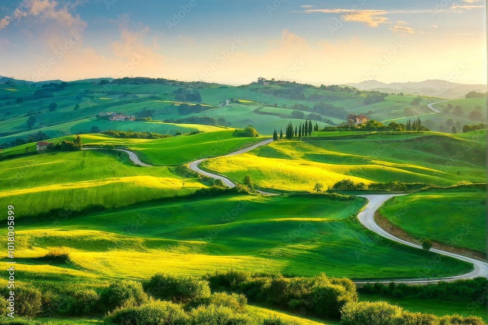 Fototapeta premium Rolling Green Hills with Winding Road at Sunset