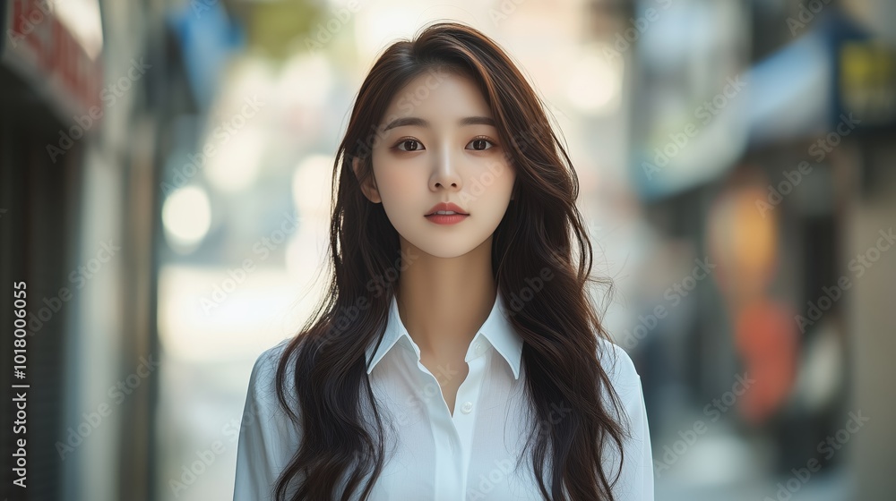 Beautiful young Asian woman wearing a white shirt and black skirt Beautiful young Asian woman wearing a white shirt and black skirt