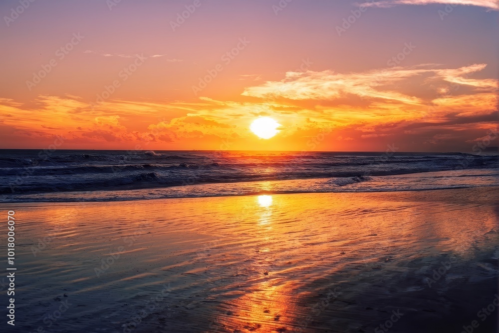 Golden Sunset Over Ocean with Reflective Waves Golden Sunset Over Ocean with Reflective Waves