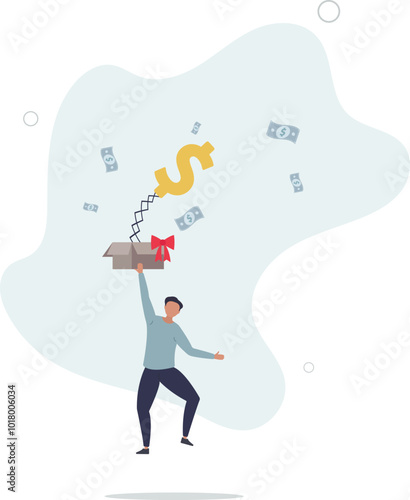 Surprise money or reward, bonus or salary raise, investment profit, dividend or high return stock,flat design with people.
