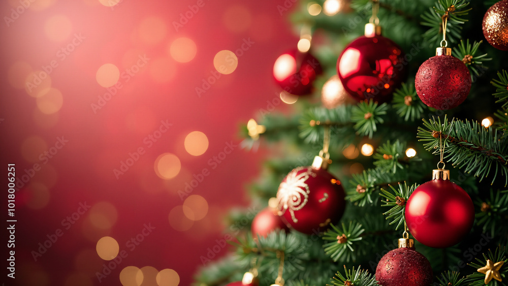 Festive Christmas Tree with Red and Gold Ornaments: Perfect for Holiday Greeting Cards or Seasonal Advertisements Festive Christmas Tree with Red and Gold Ornaments: Perfect for Holiday Greeting Cards or Seasonal Advertisements