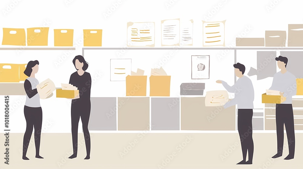 Fototapeta premium Two women and two men organize paperwork in a bright, modern office environment.