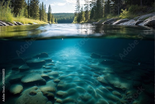 Crystal Clear Lake with Underwater and Above Water View