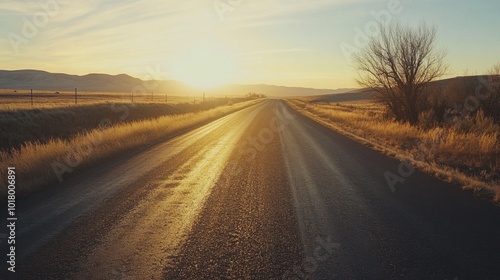  empty asphalt road stretching into the horizon at sunrise.