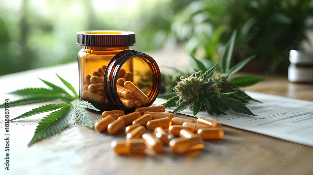 Capsules beside cannabis plant and jar on a wooden surface. Capsules beside cannabis plant and jar on a wooden surface.