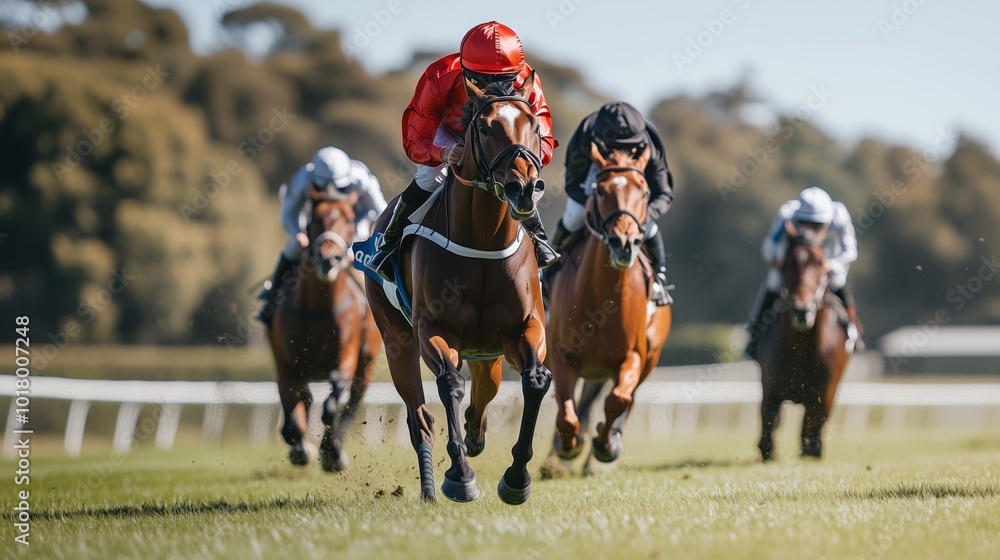 Jockeys and horses racing on the grass track in an equestrian race, with one jockey wearing red gear leading their horse to victory Jockeys and horses racing on the grass track in an equestrian race, with one jockey wearing red gear leading their horse to victory