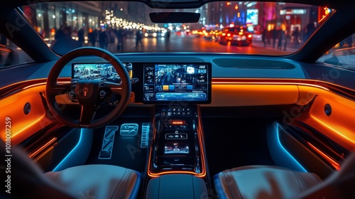 In the interior of an electric car, there is a large central control panel with a touch screen and various controls for systems like the infotainment system, air vents, camera lenses, and LED lights
