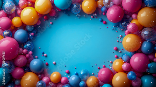 Blue background with a border of vibrant balloons and space for text in the center