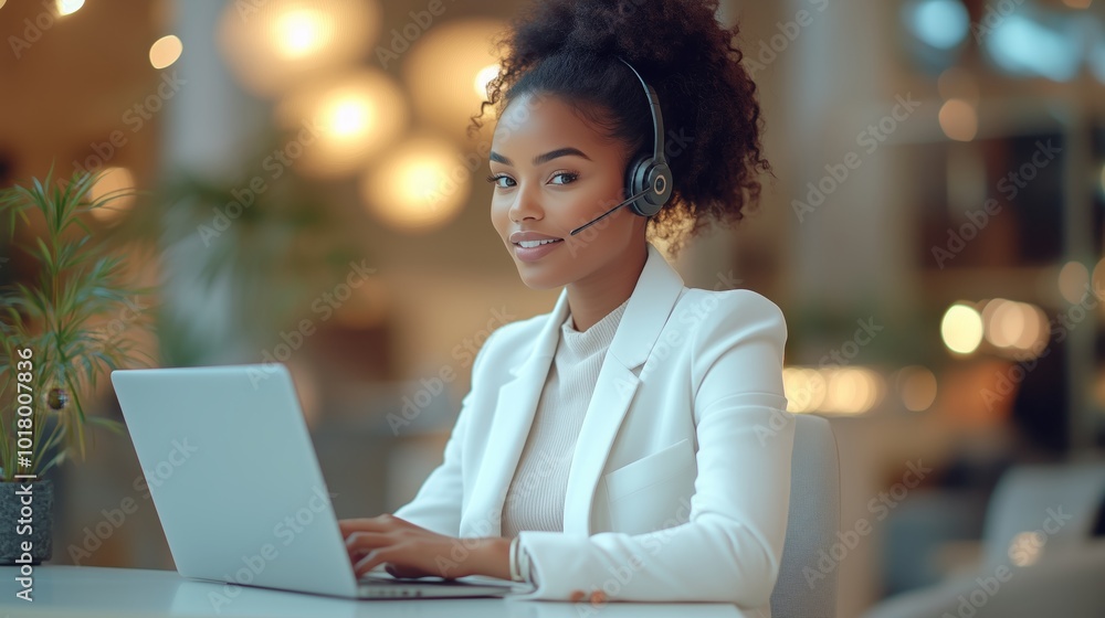Photograph of a female customer service worker in a white suit, sitting at a desk with a laptop and wearing a headset. Photograph of a female customer service worker in a white suit, sitting at a desk with a laptop and wearing a headset.