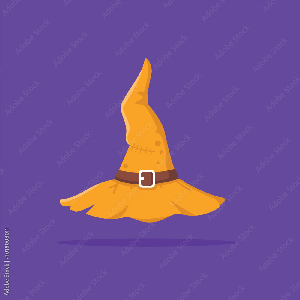 Fototapeta premium Vector illustration of a yellow Halloween witch hat with a leather belt isolated. Witch hat design element for Halloween.